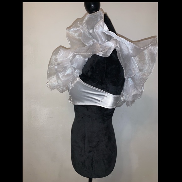 White Satin Ruffled Crop Top - Picture 2 of 8